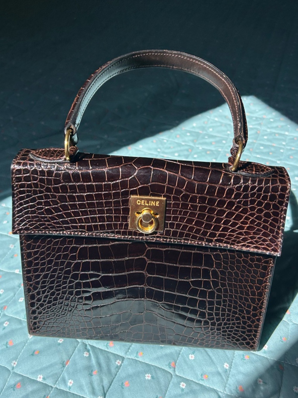 Vtg Celine logo ring dark brown Croc-Embossed exotic skin Top Handle Bag purse